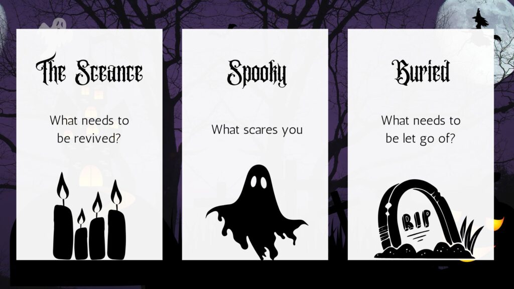 Three Card Tarot Spread for Halloween, part 1: The seance or what needs to be revived, Spooky or what scares you and what needs to be buried and let go of.